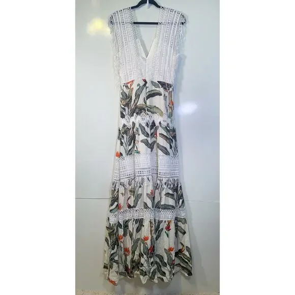 PatBo NWT Tropical Print Lace Trim Maxi Dress - Picture 9 of 12